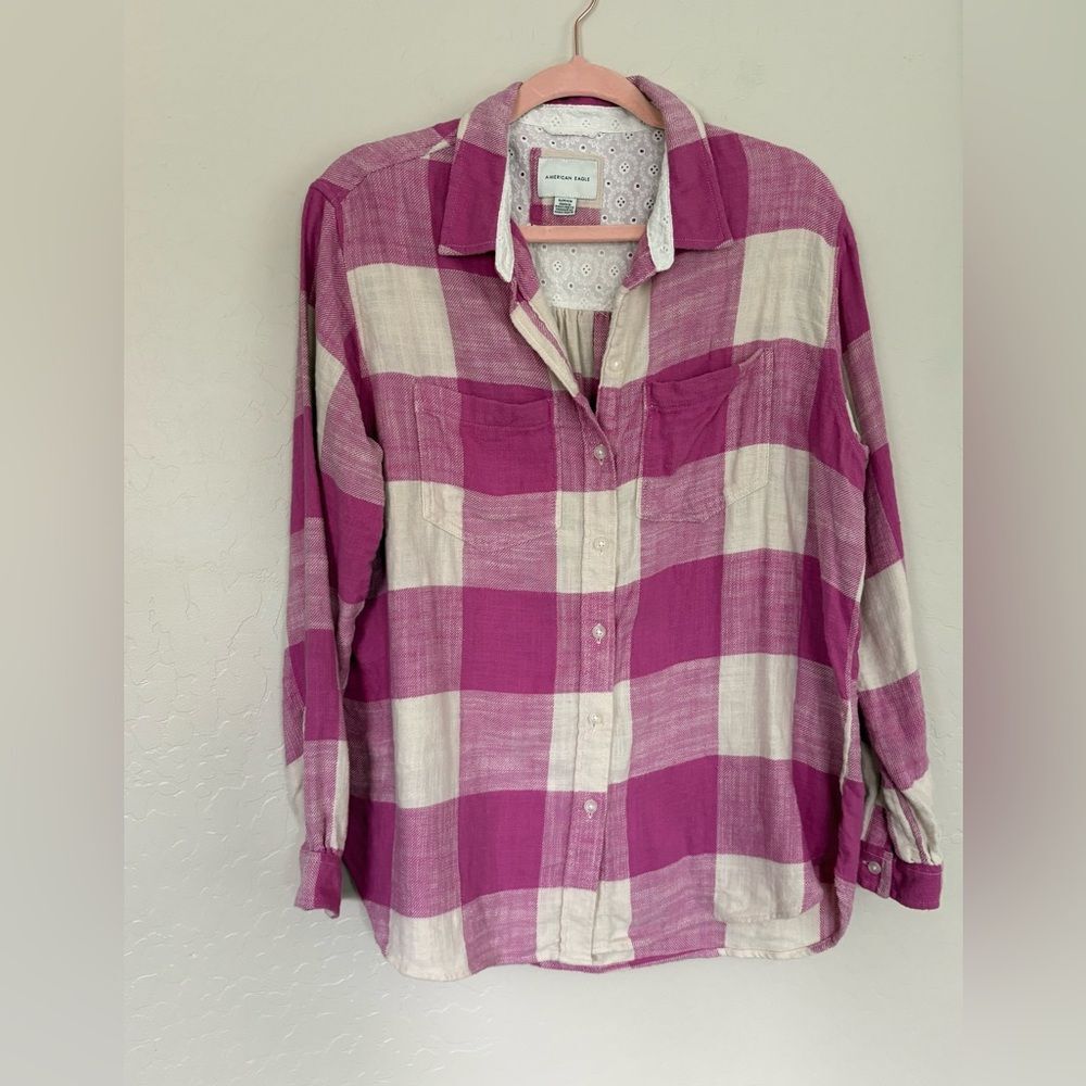 American Eagle Pink White Plaid Flannel Button Down Top Small